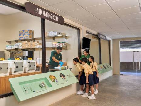 students excitedly watch first-hand of chick being hand-fed