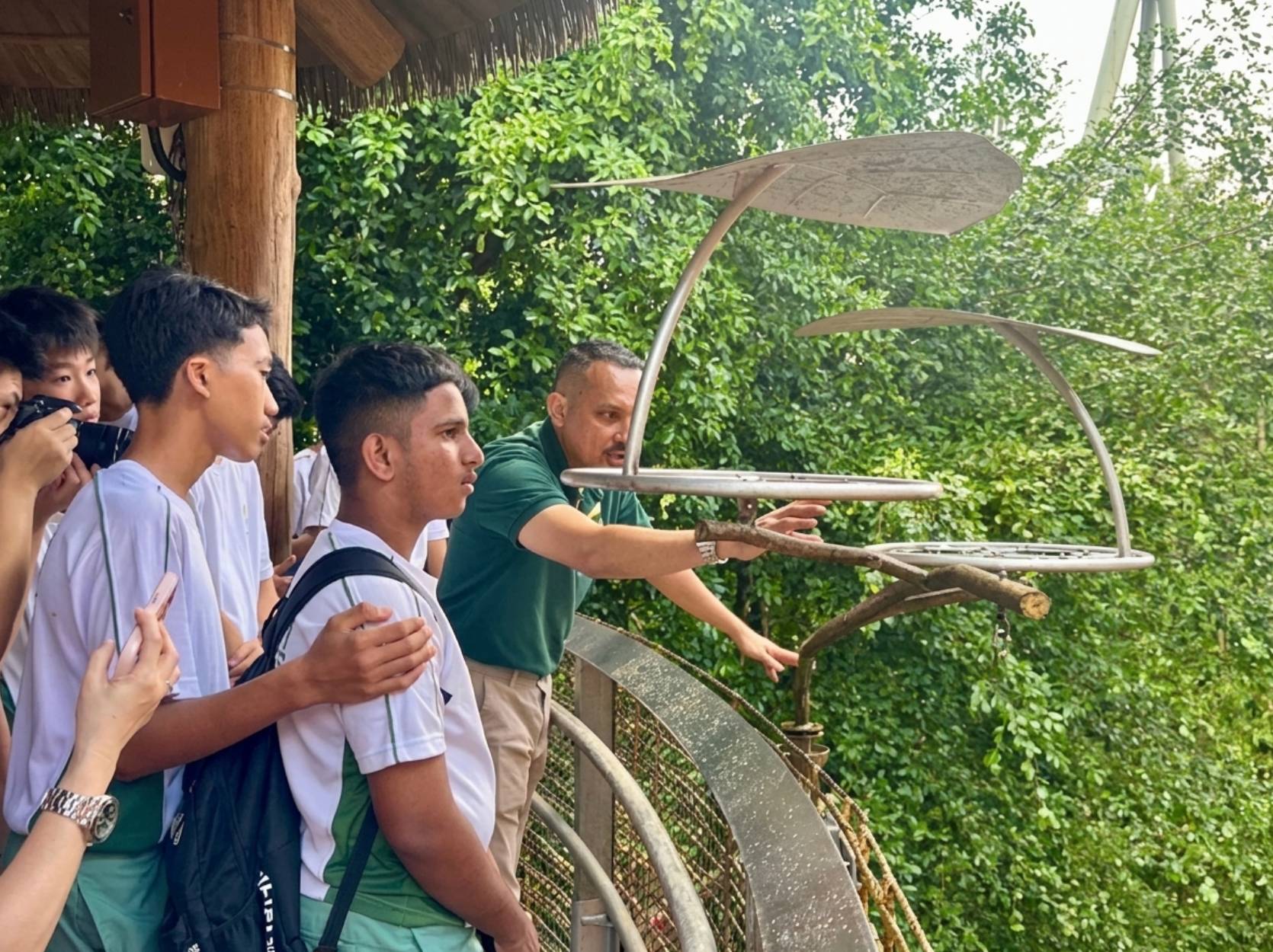 Students looking at bird feeder