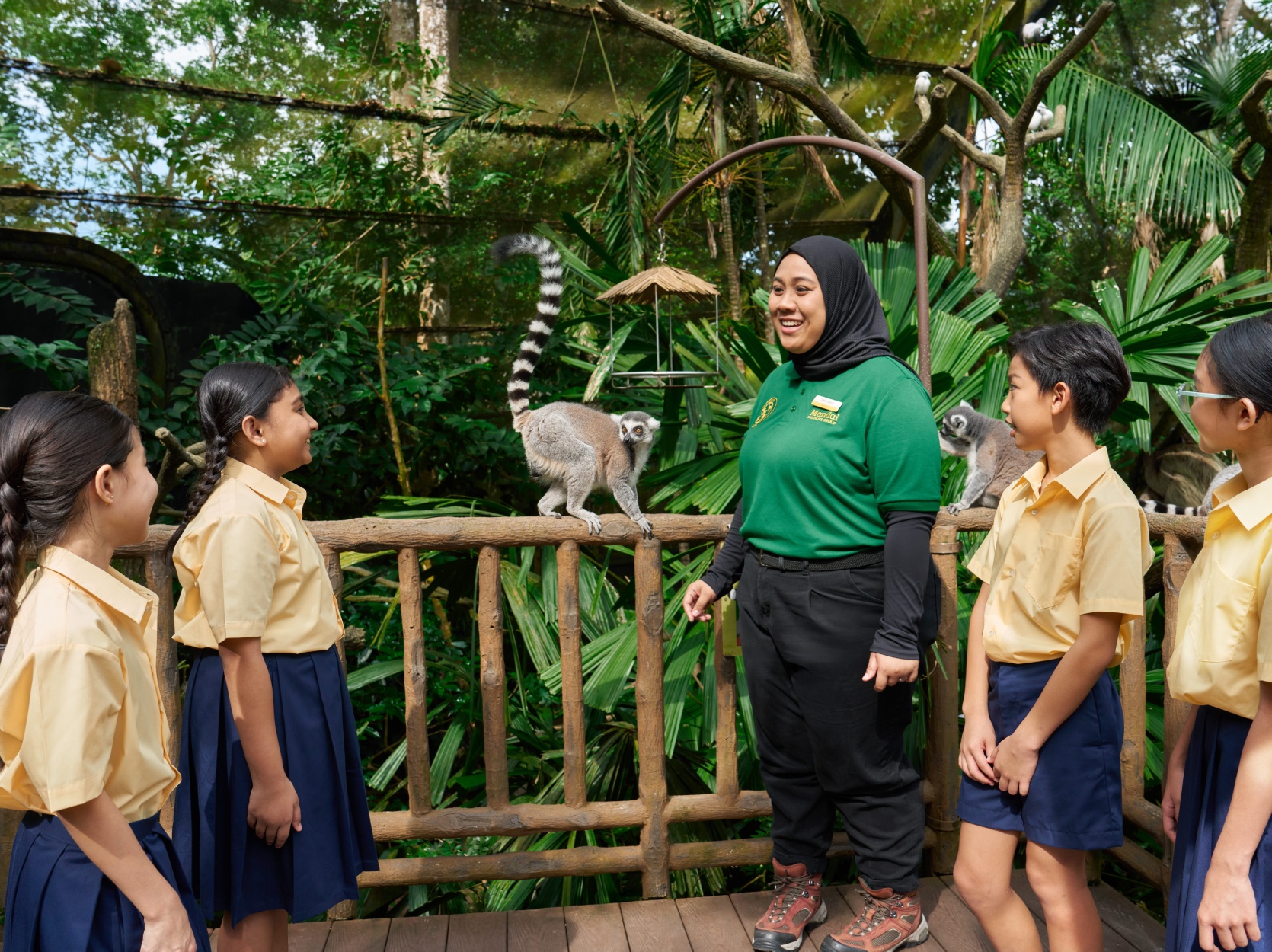Students and educator looking at lemurs
