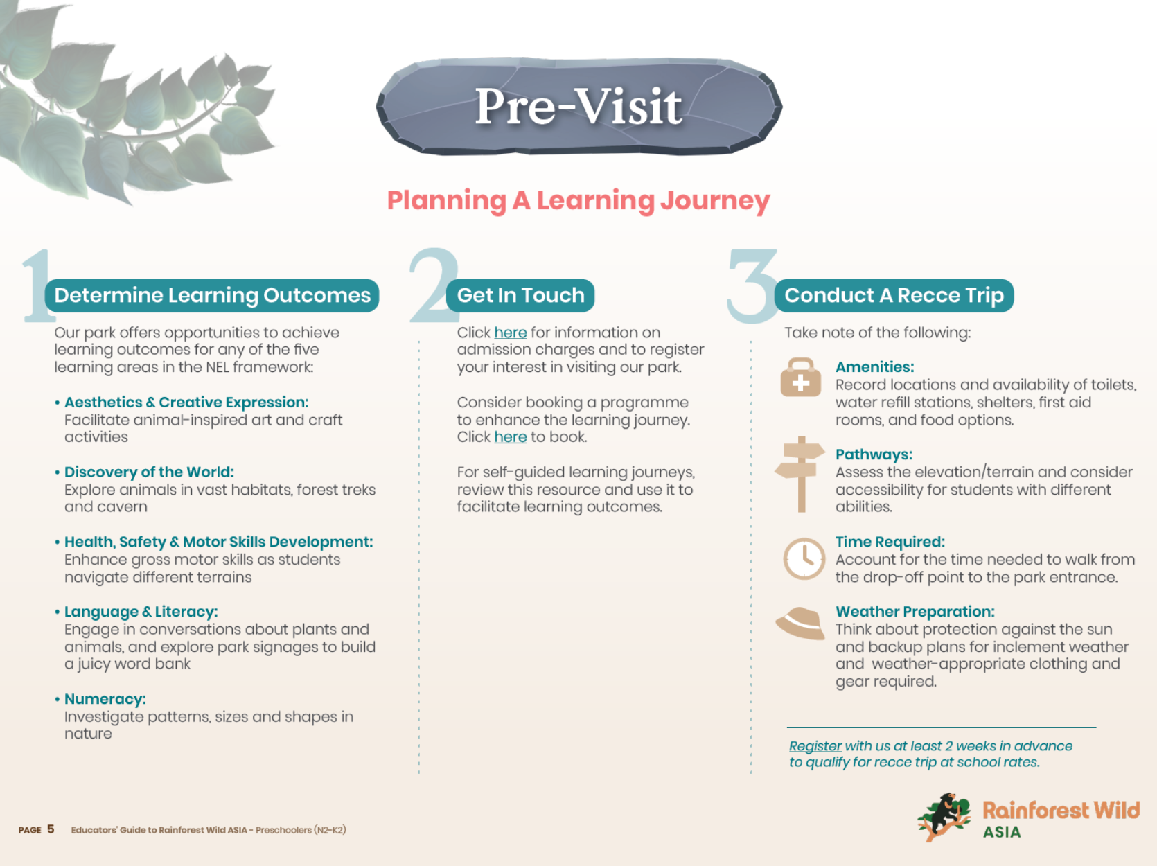 Pre-Visit planning guide for Rainforest Wild ASIA, outlining learning outcomes, how to get in touch, and recce trip considerations.