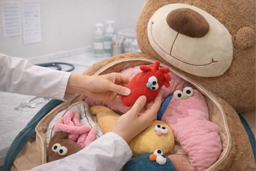 Hands-on restoration workshop at Toy Doctor, where families learn to care for and restore beloved plush toys.