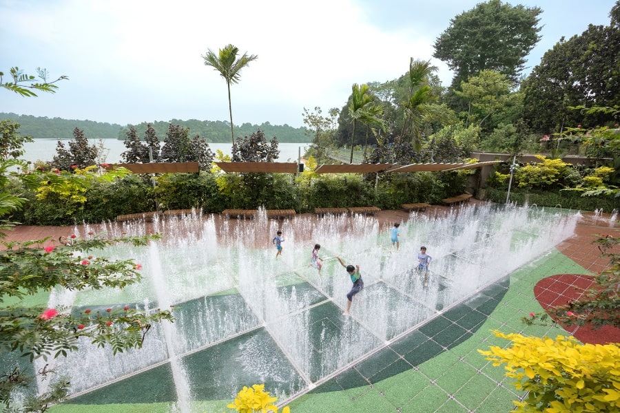 A wet play water maze for kids at KidzWorld, Singapore Zoo