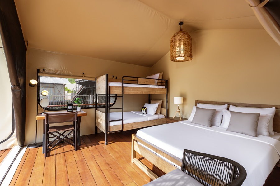 Air-conditioned glamping tent with queen and bunk beds, Reservoir Retreat